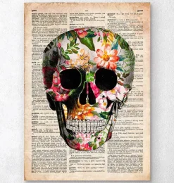 Affiche crâne floral - Ancien dictionnaire