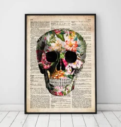 Affiche crâne floral - Ancien dictionnaire