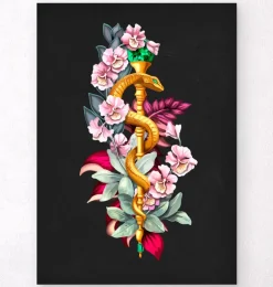 Bâton d'Asclépios avec Fleurs - Noir