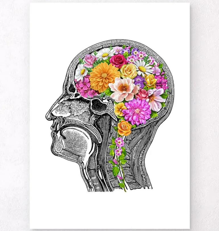 Cerveau anatomique avec fleurs II - Blanc