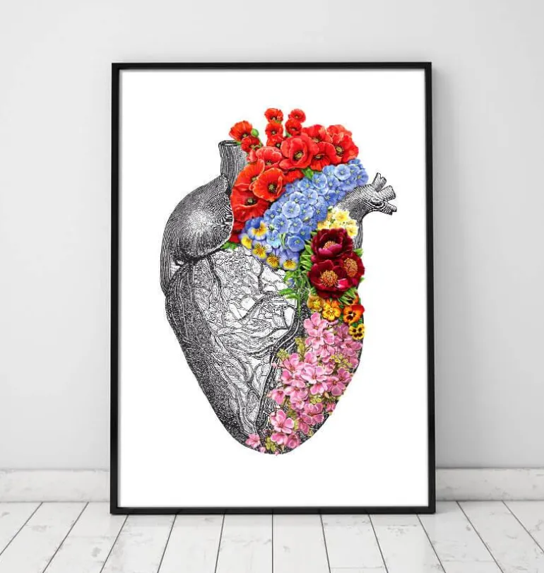Coeur anatomique avec fleurs - Blanc