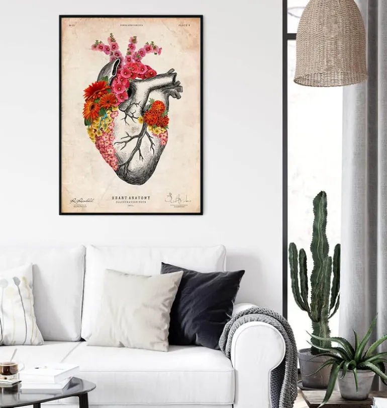 Coeur anatomique avec fleurs II - Vieux papier