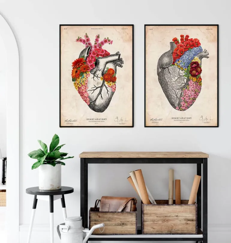 Coeur anatomique avec fleurs - Vieux papiers