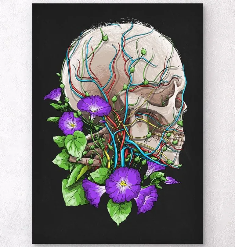 Crâne avec fleurs - Noir